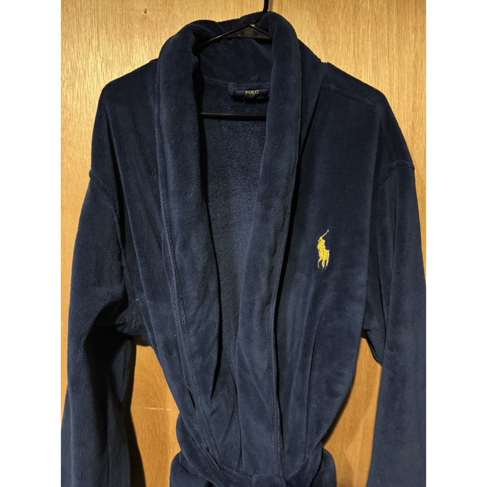 Polo Ralph Lauren Navy Blue Fleece Robe Medium Belted  Large Gold Pony EUC